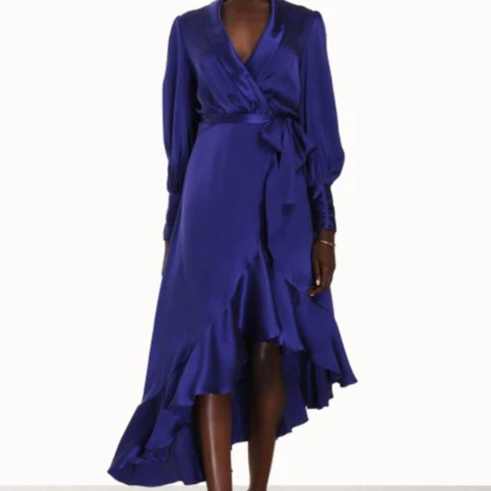 Zimmermann Asymmetric Ruffled Midi Silk Wrap Dress In Lapis Size 6 NWT